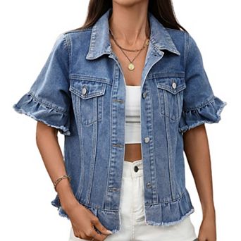 Women's Short Denim Jacket Casual Button-down Short-sleeved Jacket Ruffled Hem with Pockets