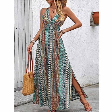 Women's Bohemian Deep V Maxi Dress Sleeveless Ethnic Print High Split Vacation Dress