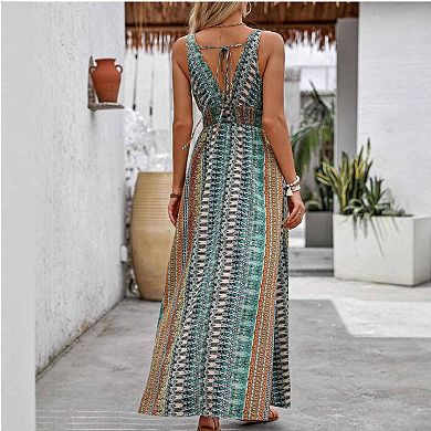 Women's Bohemian Deep V Maxi Dress Sleeveless Ethnic Print High Split Vacation Dress