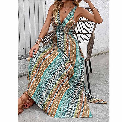Women's Bohemian Deep V Maxi Dress Sleeveless Ethnic Print High Split Vacation Dress