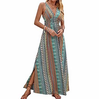 Women's Bohemian Deep V Maxi Dress Sleeveless Ethnic Print High Split Vacation Dress