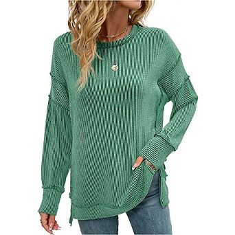 Womens Oversized Long Sleeve Shirts Ribbed Knit Tunic Tops Side Spilt Casual Outfits