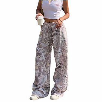 Women's Camo Print Wide-Leg Pants Elastic Waist Casual Trousers for Street Style