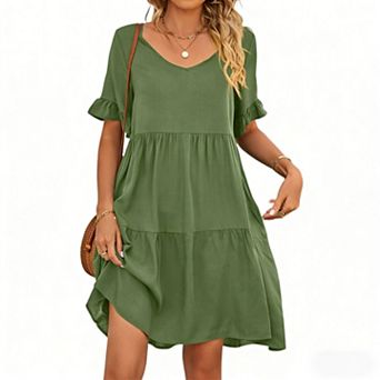 Women's Short Sleeve Dress Casual V Neck Ruffled Sleeve A-Line Flowy Mini Dress for Beach Vacations
