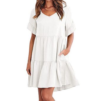 Women's Short Sleeve Dress Casual V Neck Ruffled Sleeve A-Line Flowy Mini Dress for Beach Vacations