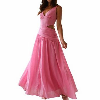 Women's V-Neck Sleeveless Maxi Dress Cutout Waist Flowy A-Line Summer Dresses