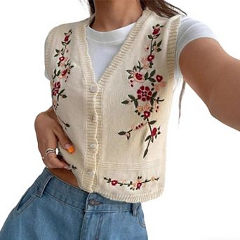 Womens V-Neck Floral Embroidered Button Front Crop Knit Vest Sleeveless Summer Casual Top Soft Shirt