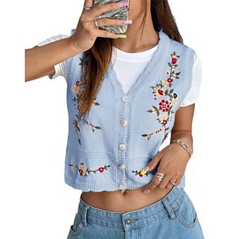 Womens V-Neck Floral Embroidered Button Front Crop Knit Vest Sleeveless Summer Casual Top Soft Shirt