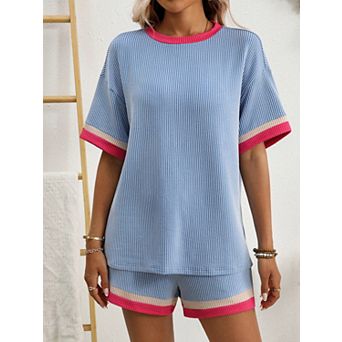 Women's Color-Block Ribbed Knit Two-Piece Set Short-Sleeve Top Shorts for Casual Outings
