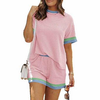 Women's Color-Block Ribbed Knit Two-Piece Set Short-Sleeve Top Shorts for Casual Outings