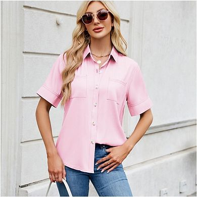 Womens Short Sleeve Shirts V Neck Collared Button Down Shirt Tops with Pockets