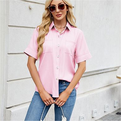 Womens Short Sleeve Shirts V Neck Collared Button Down Shirt Tops with Pockets