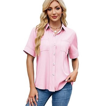 Womens Short Sleeve Shirts V Neck Collared Button Down Shirt Tops with Pockets