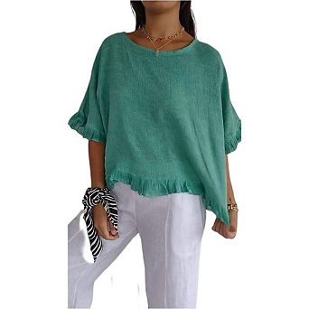 Womens Casual Tops Summer Short Sleeve Loose Fit Shirts Simple Round Neck Baggy Blouses