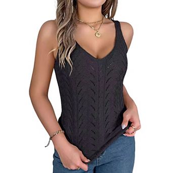 Women's V-Neck Openwork Hollow Out Knit Shirt Sleeveless Tank Top Summer Casual Vacation Vest Blouse