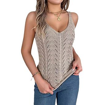 Women's V-Neck Openwork Hollow Out Knit Shirt Sleeveless Tank Top Summer Casual Vacation Vest Blouse