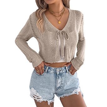 Women's Long Sleeve Crochet Cardigan Tie Front Knit Crop Top Hollow Out Cover Up V Neck Cardigans