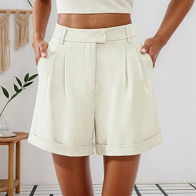 Women's High Waist Pleated Shorts with Side Pockets Elastic Back Casual Summer Shorts
