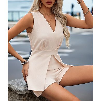 Women's Sleeveless V Neck Waist Cinched Solid Romper Summer Casual Versatile Short Jumpsuit Pants