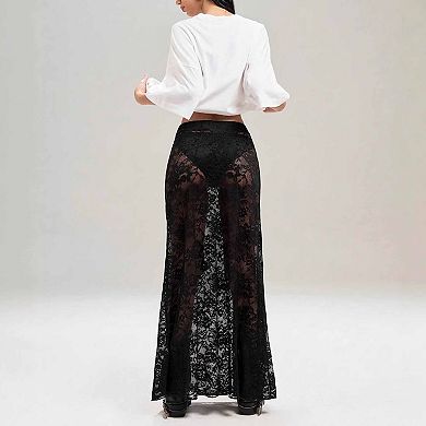 Women's High-Waisted Lace Maxi Skirt Bodycon Sheer Pencil Skirt