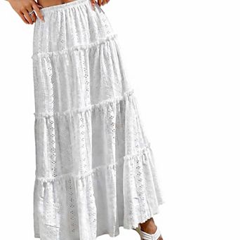 Women's Eyelet Tiered Maxi Skirt Elastic Waist A-Line Casual Skirt