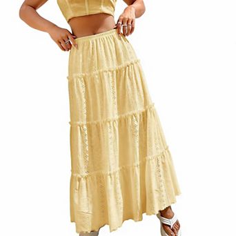 Women's Eyelet Tiered Maxi Skirt Elastic Waist A-Line Casual Skirt