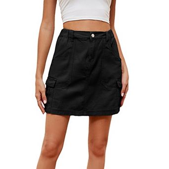 Women's Washed Denim Boho Mini Skirt Elastic Waist Summer Casual Soft Slim Short Skirt Pockets