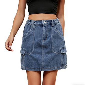 Women's Washed Denim Boho Mini Skirt Elastic Waist Summer Casual Soft Slim Short Skirt Pockets