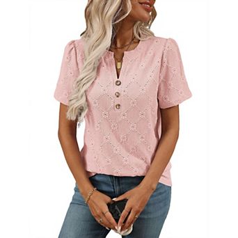 Women's Crew Neck Short Sleeve Floral Eyelet Hollow Out Shirt Button Front Summer Casual Blouse Top