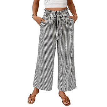 Women's Striped Wide Leg Pants Flowy Drawstring Waist Trousers with Side Pockets