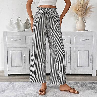 Women's Striped Wide Leg Pants Flowy Drawstring Waist Trousers with Side Pockets