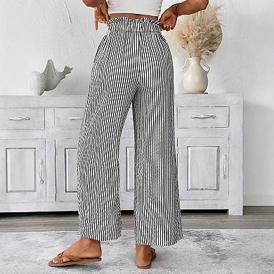 Women's Striped Wide Leg Pants Flowy Drawstring Waist Trousers with Side Pockets