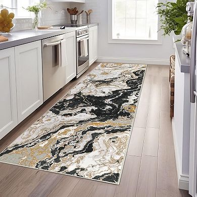 Washable Area Rug , Abstract Marble Pattern Low Pile Carpet Stain-Resistant for Bedroom