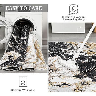 Washable Area Rug , Abstract Marble Pattern Low Pile Carpet Stain-Resistant for Bedroom