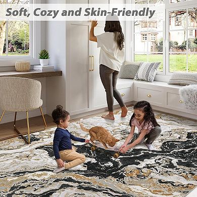 Washable Area Rug , Abstract Marble Pattern Low Pile Carpet Stain-Resistant for Bedroom