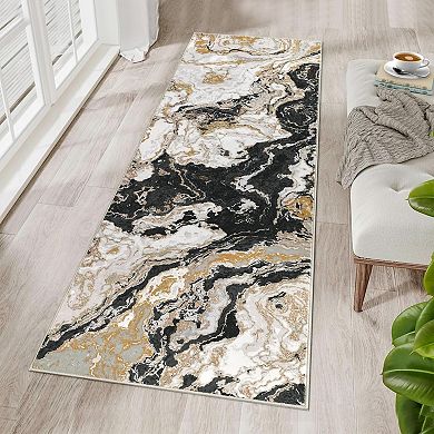 Washable Area Rug , Abstract Marble Pattern Low Pile Carpet Stain-Resistant for Bedroom