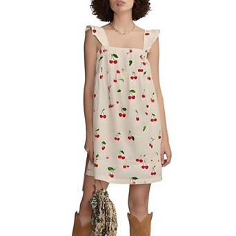 Women's White Cherry Print Square Neck Ruffle Strap Mini Dress Sleeveless Summer Casual Short Dress