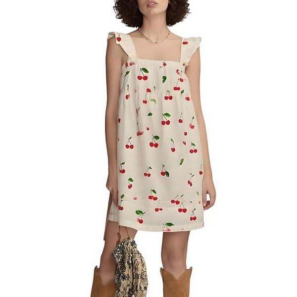 Women's White Cherry Print Square Neck Ruffle Strap Mini Dress Sleeveless  Summer Casual Short Dress