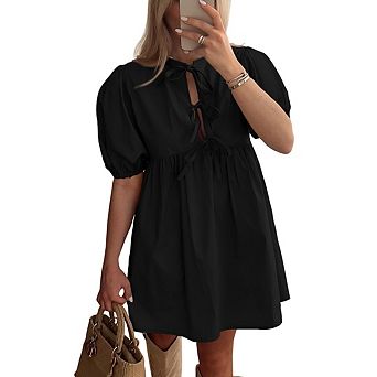 Women's Casual Short Sleeve Tie Front Mini Dress Babydoll Ruffle Pleated A Line Tunic Dresses