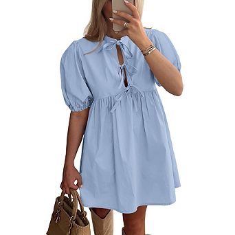 Women's Casual Short Sleeve Tie Front Mini Dress Babydoll Ruffle Pleated A Line Tunic Dresses