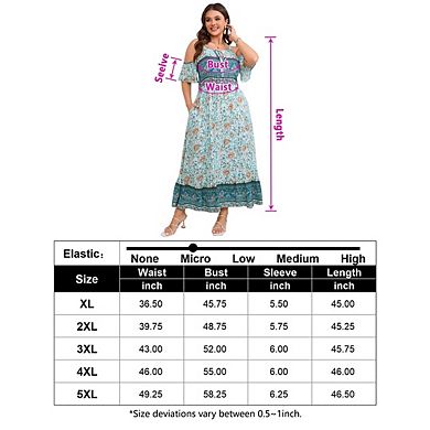 Women's Plus Size Boho Floral Off-Shoulder Spaghetti Strap Dress Sleeveless Ruffle Print Midi Dress
