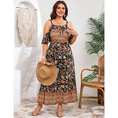 Women's Plus Size Boho Floral Off-Shoulder Spaghetti Strap Dress Sleeveless Ruffle Print Midi Dress