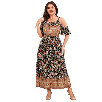 Women's Plus Size Boho Floral Off-Shoulder Spaghetti Strap Dress Sleeveless Ruffle Print Midi Dress