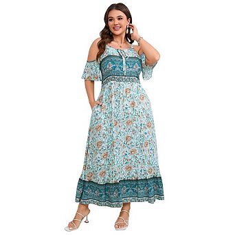 Women's Plus Size Boho Floral Off-Shoulder Spaghetti Strap Dress Sleeveless Ruffle Print Midi Dress