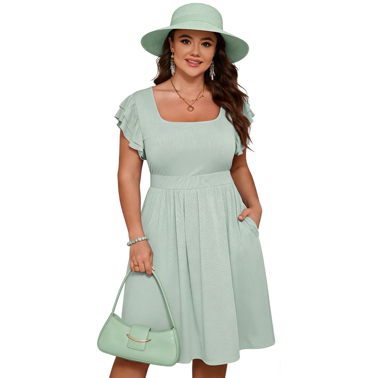 Женские платья Ruffle Sleeve Square Neck A-Line Dress with Pockets - Casual and Elegant for Any Occasion