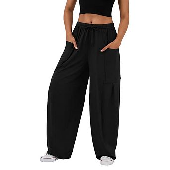 Women's Drawstring Elastic Waist Casual Harem Palazzo Trousers with Pockets Harem Pants