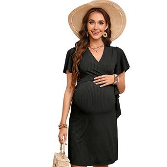 Maternity Summer Ribbed Side Tie Wrap Dress V-Neck Short Sleeve Dress High Waist Versatile Dress