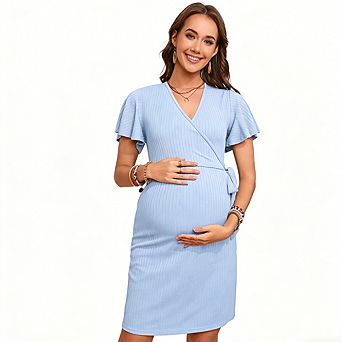 Maternity Summer Ribbed Side Tie Wrap Dress V-Neck Short Sleeve Dress High Waist Versatile Dress