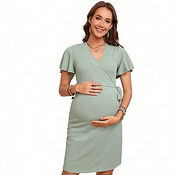 Maternity Summer Ribbed Side Tie Wrap Dress V-Neck Short Sleeve Dress High Waist Versatile Dress
