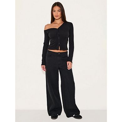 Women's Ribbed LongSleeve Button Up Shirt Solid Color Off Shoulder Lightweight Cardigan